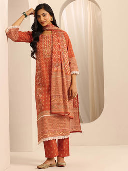 Libas - Women Orange Floral Kurta with Pant and Dupatta