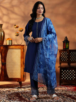 Libas - Women Blue Embellished Kurta with Pant and Dupatta