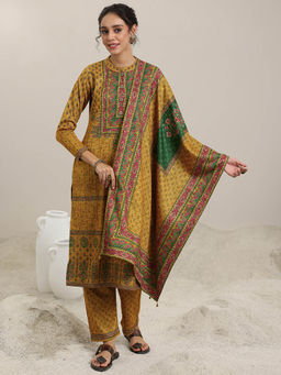 Libas - Women Mustard Floral Kurta with Pant and Dupatta