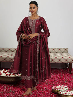 Libas - Women Maroon Embroidered Kurta with Pant and Dupatta