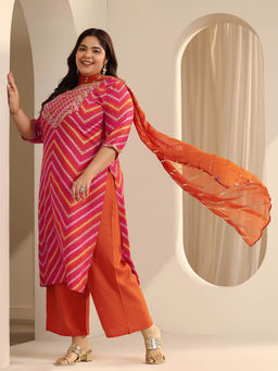 Extra love by Libas - Women Coral Embroidered Kurta with Pant and Dupatta