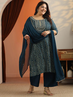 Extra love by Libas - Women Navy Blue Embroidered Kurta with Pant and Dupatta