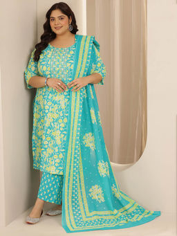 Extra love by Libas - Plus Size Women Plus Size Women Blue Floral Kurta with Pant and Dupatta