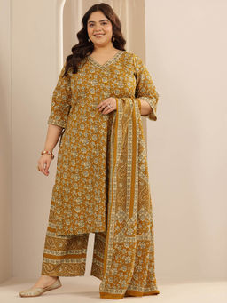 Extra love by Libas - Plus Size Women Plus Size Women Mustard Floral Kurta with Pant and Dupatta