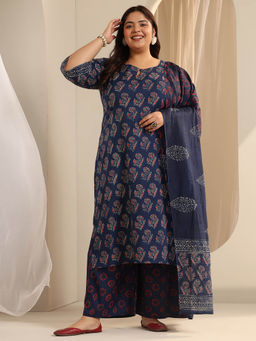 Extra love by Libas - Women Navy Blue Floral Kurta with Pant and Dupatta