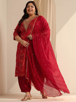 Extra love by Libas - Plus Size Women Red Embroidered Kurta with Salwar and Dupatta