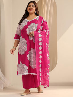 Extra love by Libas - Plus Size Women Plus Size Women Pink Floral Kurta with Pant and Dupatta