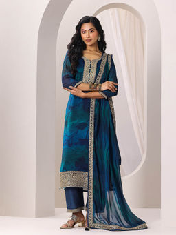 Libas - Women Teal Embroidered Kurta with Pant and Dupatta
