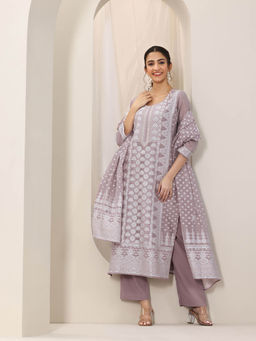 Libas - Women Mauve Floral Kurta with Pant and Dupatta