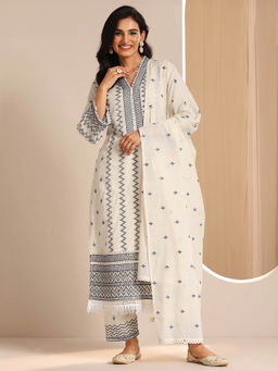 Libas - Women Off White Embroidered Kurta with Pant and Dupatta
