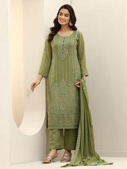 Libas - Women Green Embroidered Kurta with Pant and Dupatta