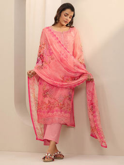 Libas - Women Coral Embroidered Kurta with Pant and Dupatta