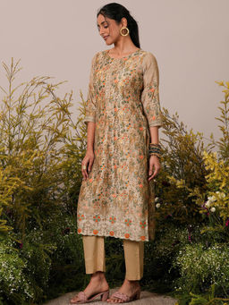 Libas - Women Beige Floral Kurta with Pant and Dupatta
