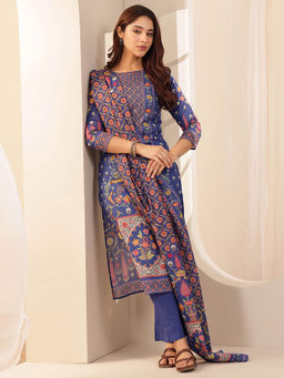Libas - Women Navy Blue Floral Kurta with Pant and Dupatta