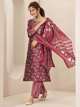 Libas - Women Maroon Floral Kurta with Pant and Dupatta