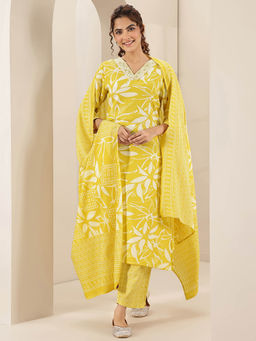Libas - Women Yellow Floral Kurta with Pant and Dupatta