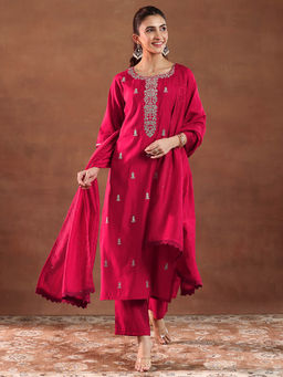 Gerua By Libas - Women Red Embroidered Kurta with Pant and Dupatta