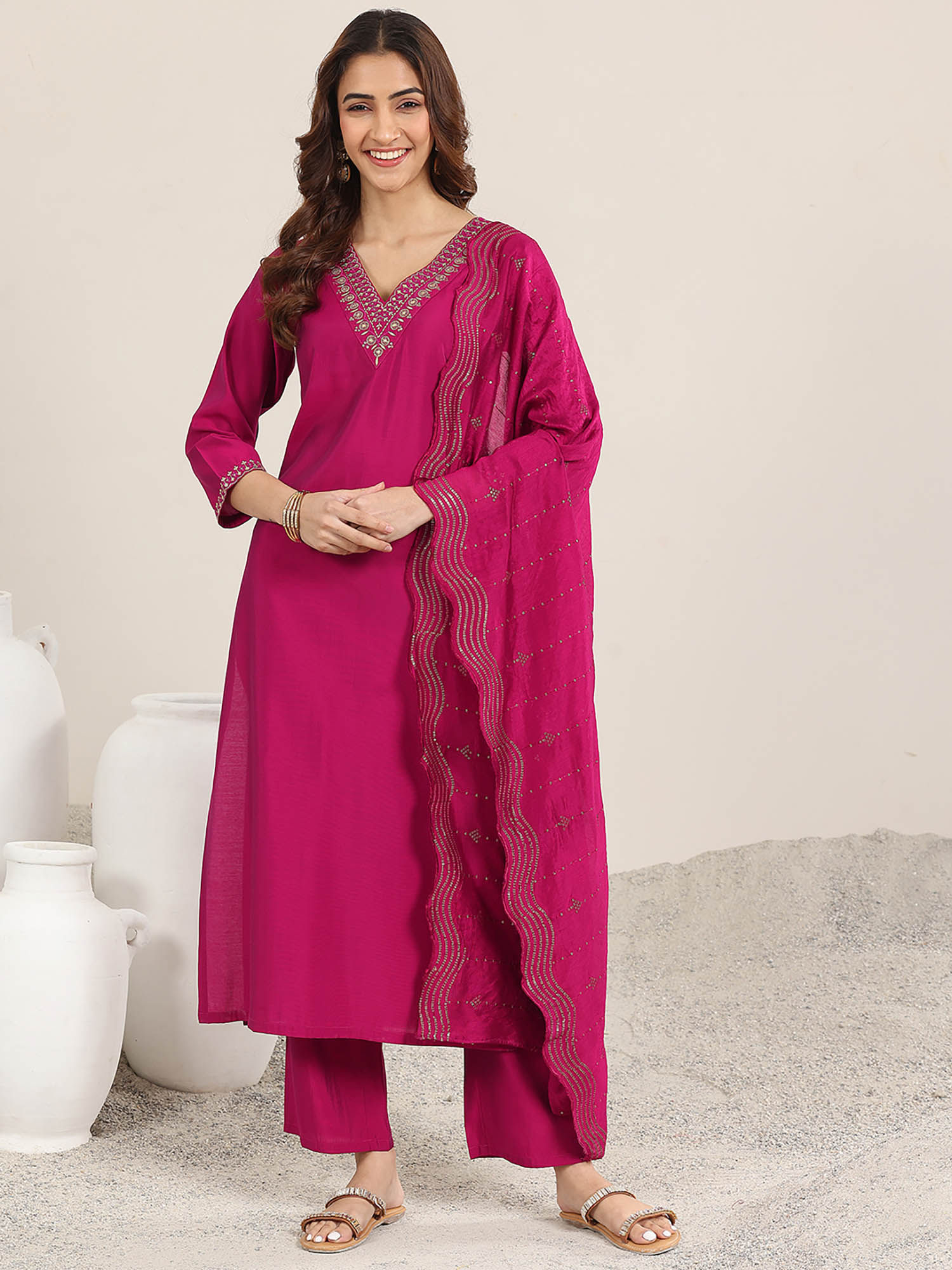 Women Burgundy Embroidered Kurta with Pant and Dupatta-picture-25