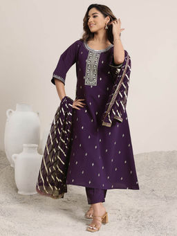 Gerua By Libas - Women Purple Embroidered Kurta with Pant and Dupatta