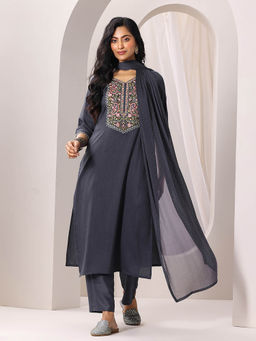 Gerua By Libas - Women Grey Embroidered Kurta with Pant and Dupatta