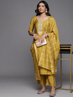 Gerua By Libas - Women Yellow Embroidered Kurta with Pant and Dupatta
