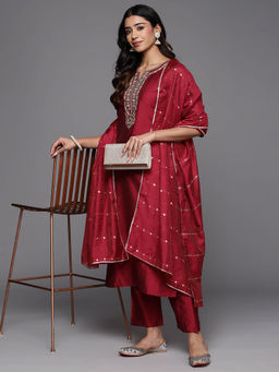 Gerua By Libas - Women Red Embroidered Kurta with Pant and Dupatta