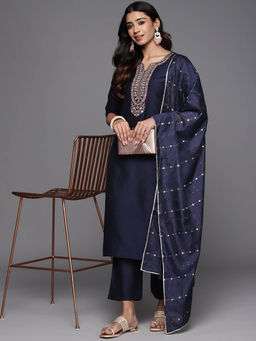 Gerua By Libas - Women Navy Blue Embroidered Kurta with Pant and Dupatta