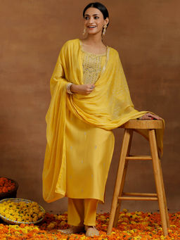 Gerua By Libas - Women Yellow Embroidered Kurta with Pant and Dupatta