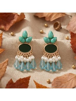 TRIBAL ZONE - Green Stone Chandbali Earrings with Pearl and Bead Fringe