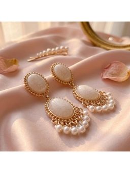 TRIBAL ZONE - Ivory Stone Two-Tier Chandbali Earrings with Pearl Fringe