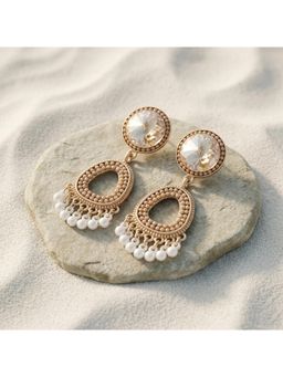 TRIBAL ZONE - Champagne Crystal Chandbali Earrings with Pearl Fringe