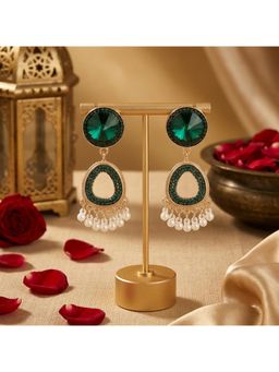 TRIBAL ZONE - Emerald Crystal Chandbali Earrings with Pearl Fringe