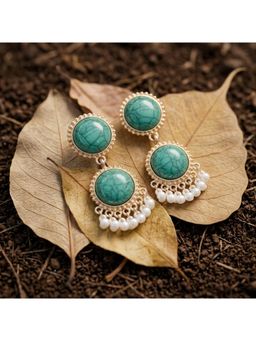 TRIBAL ZONE - Green Stone Chandbali Earrings with Pearl Fringe