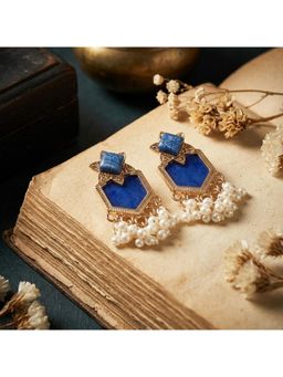 TRIBAL ZONE - Blue Hexagon Stone Chandbali Earrings with Pearl Fringe