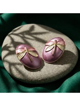 TRIBAL ZONE - Pearl Oval Stud Earrings with Rose Gold Dragonfly