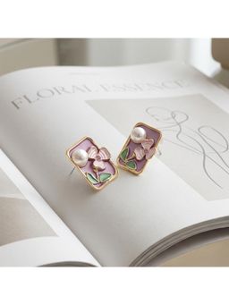 TRIBAL ZONE - Purple Floral Rectangular Stud Earrings with Pearl