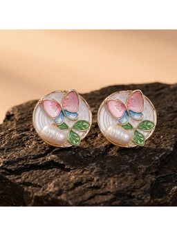 TRIBAL ZONE - White Butterfly and Leaf Enamel Pearl Stud Earrings