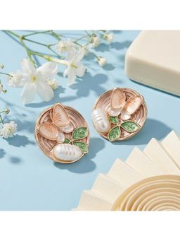 TRIBAL ZONE - Peach Butterfly and Leaf Enamel Pearl Stud Earrings