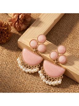 TRIBAL ZONE - Pink Stone Fan Drop Earrings with Pearl Fringe
