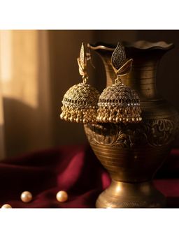 TRIBAL ZONE - Antique Gold Pave Leaf Jhumka Earrings