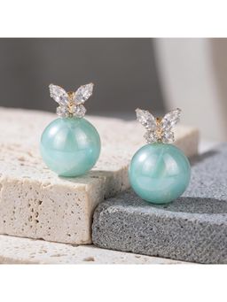 TRIBAL ZONE - Aqua Pearl Stud with CZ Butterfly Earrings