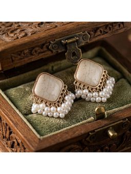 TRIBAL ZONE - Ivory Stone Square Drop Earrings with Pearl Fringe
