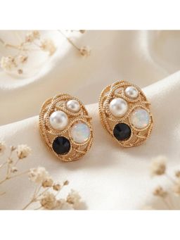 TRIBAL ZONE - Gold Oval Stud Earrings with Pearl, Opal and Stone