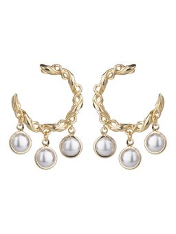 TRIBAL ZONE - Gold Twisted Hoop Earrings with Pearl Charm Fringe