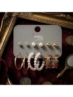 TRIBAL ZONE - Cz, Pearl and Ball Stud with Flower Hoop Set