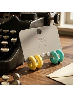 TRIBAL ZONE - Colour-Block Ribbed Hoop and CZ Stud Set - Yellow and Teal