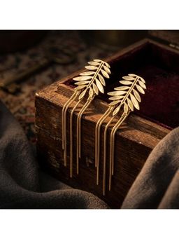 TRIBAL ZONE - Gold Fern Leaf Tassel Drop Earrings