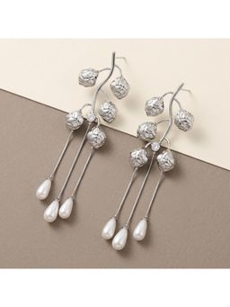 TRIBAL ZONE - Silver Rose Vine Pearl Tassel Drop Earrings
