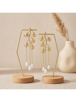 TRIBAL ZONE - Gold Rose Vine Pearl Tassel Drop Earrings