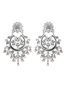 TRIBAL ZONE - Oxidised Silver Floral Chandbali Earrings